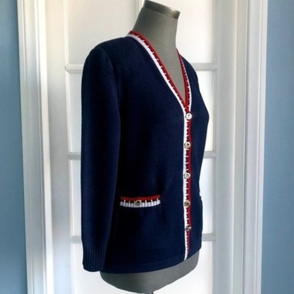 St John Knit Jacket Cardigan S M Vintage Button Front Blue Red White Luxury USA - Picture 4 of 8